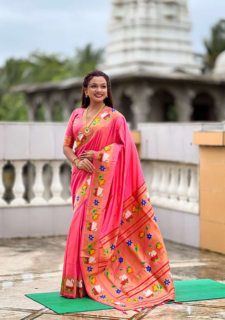 Peach Silk Blend Saree Set with Zari Work for Diwali | Wedding & Festive Wear - Indya
