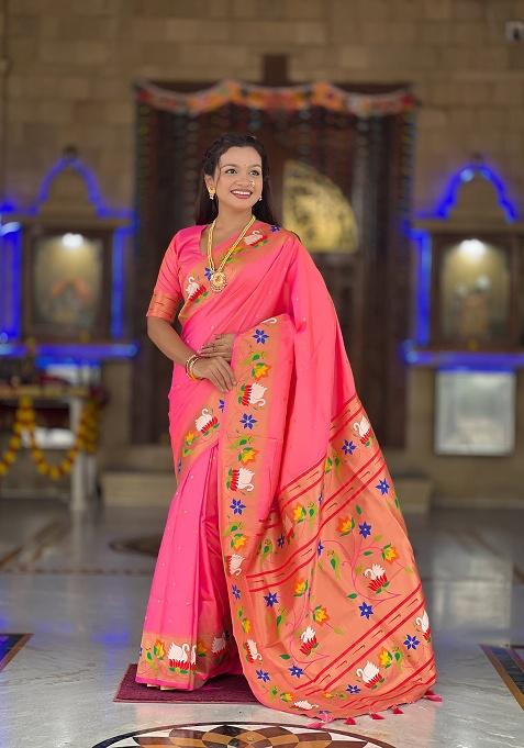 Peach Zari Work Silk Saree Set