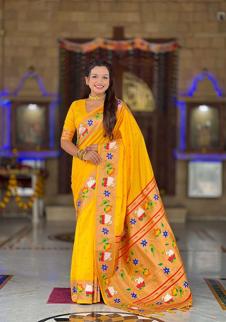 Yellow Zari Work Silk Blend Saree Set for Diwali and Festive Wear - Indya