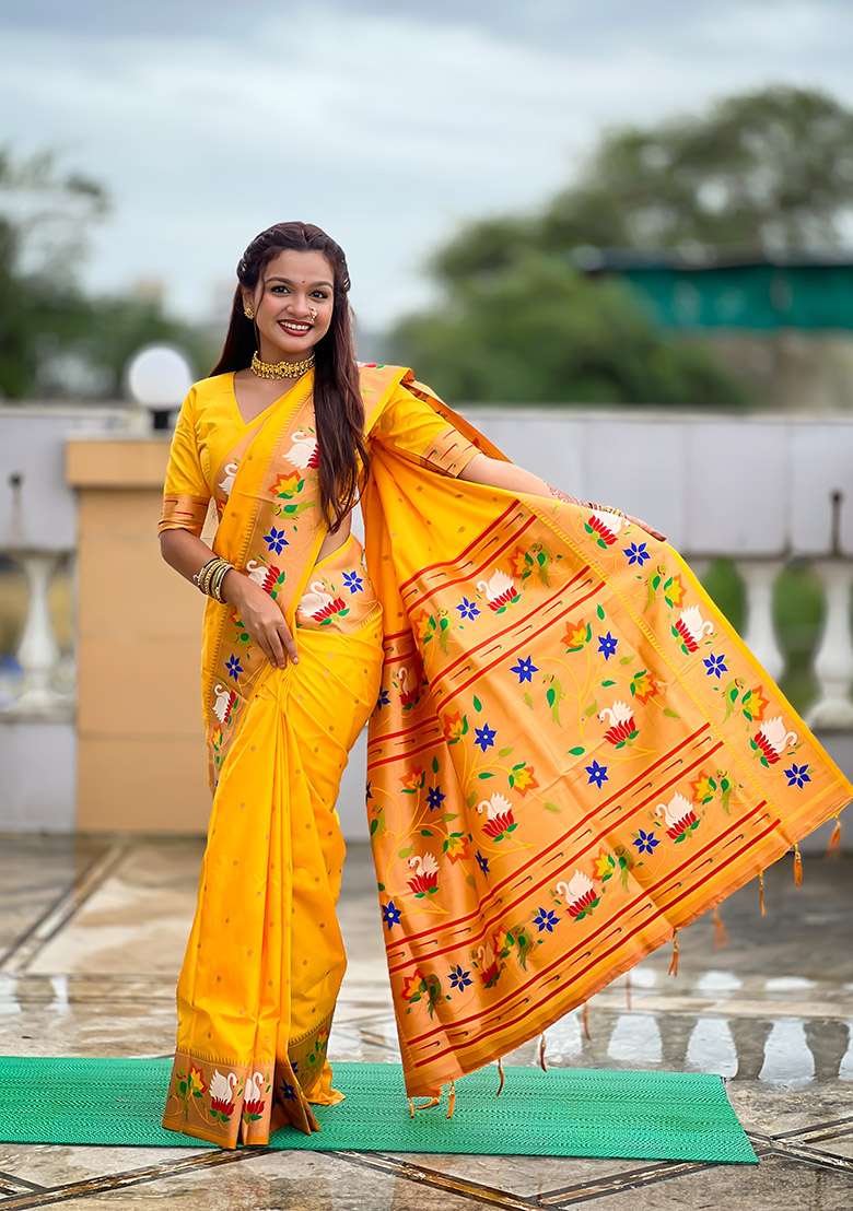 Yellow Zari Work Silk Blend Saree Set for Diwali and Festive Wear - Indya