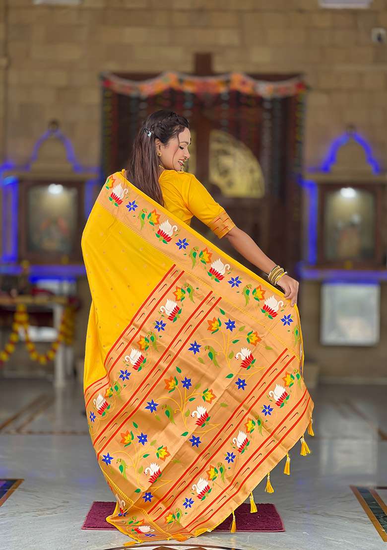 Yellow Zari Work Silk Blend Saree Set for Diwali and Festive Wear - Indya