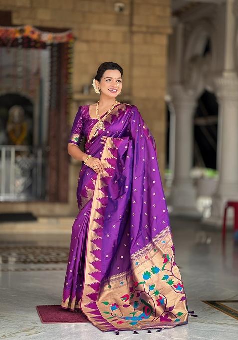 Purple Zari Work Silk Saree Set