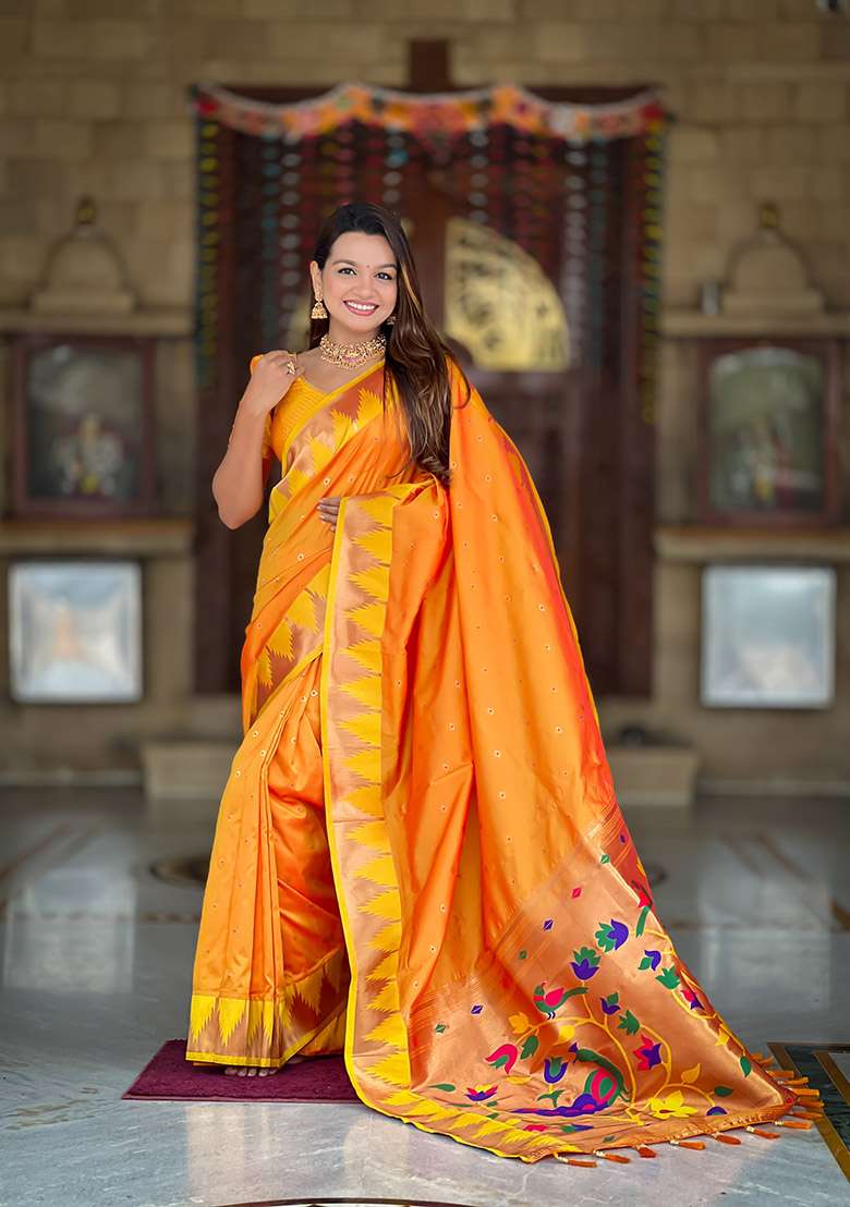 Orange Silk Blend Saree Set with Zari Work for Diwali | Wedding & Festive Wear - Indya