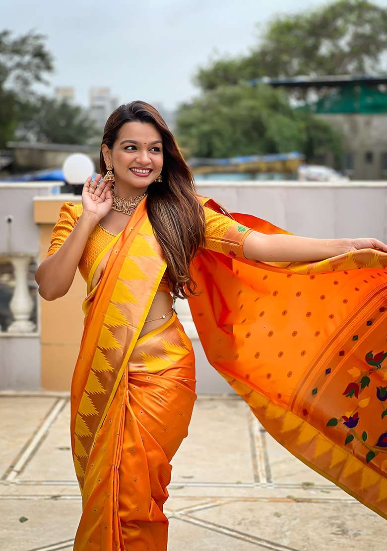 Orange Silk Blend Saree Set with Zari Work for Diwali | Wedding & Festive Wear - Indya