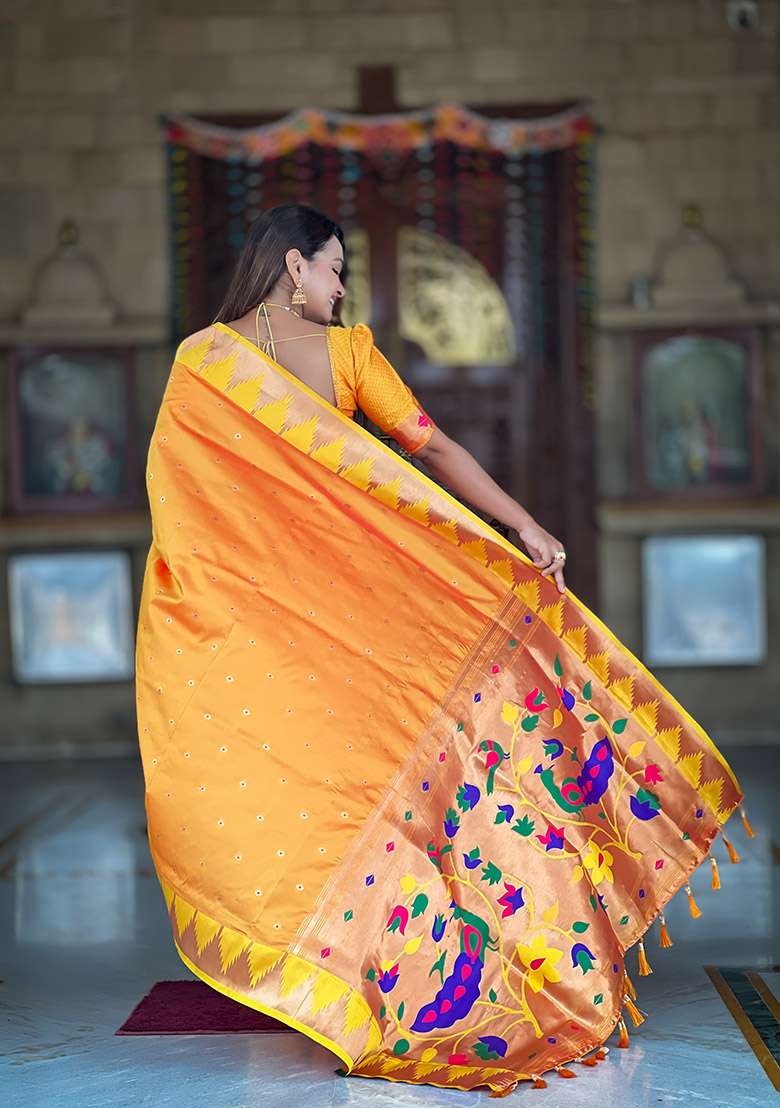 Orange Silk Blend Saree Set with Zari Work for Diwali | Wedding & Festive Wear - Indya