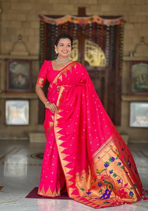 Pink Zari Work Silk Saree Set