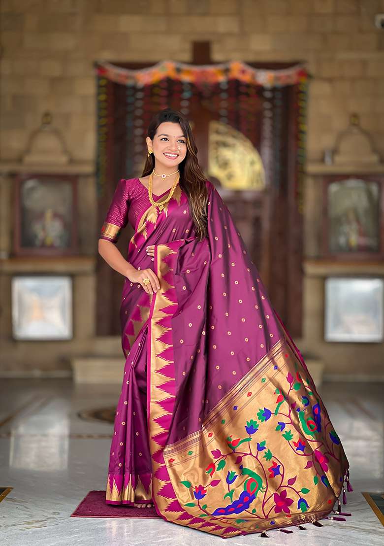 Wine Zari Work Silk Blend Saree Set for Diwali and Festive Wear - Indya