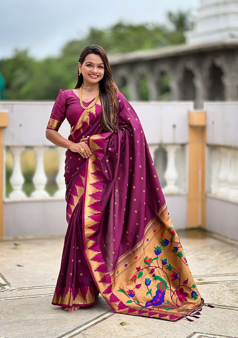 Wine Zari Work Silk Blend Saree Set for Diwali and Festive Wear - Indya