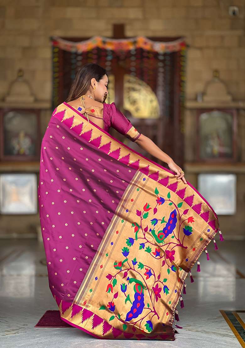 Wine Zari Work Silk Blend Saree Set for Diwali and Festive Wear - Indya