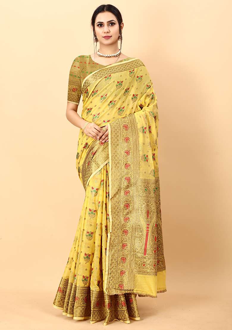 Multi Zari Work Cotton Saree Set for Diwali and Festive Wear - Indya
