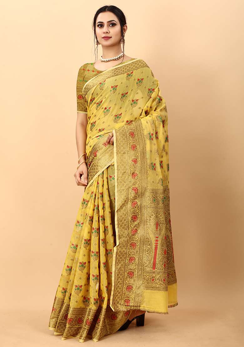 Multi Zari Work Cotton Saree Set for Diwali and Festive Wear - Indya