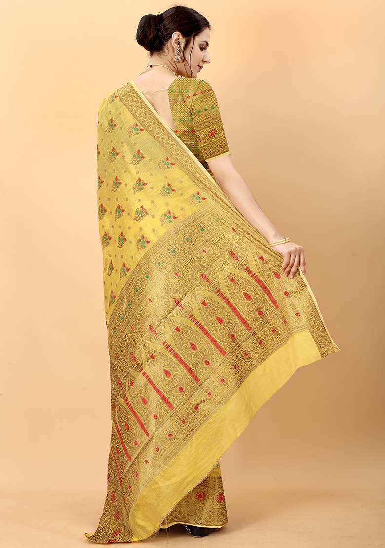 Multi Zari Work Cotton Saree Set for Diwali and Festive Wear - Indya