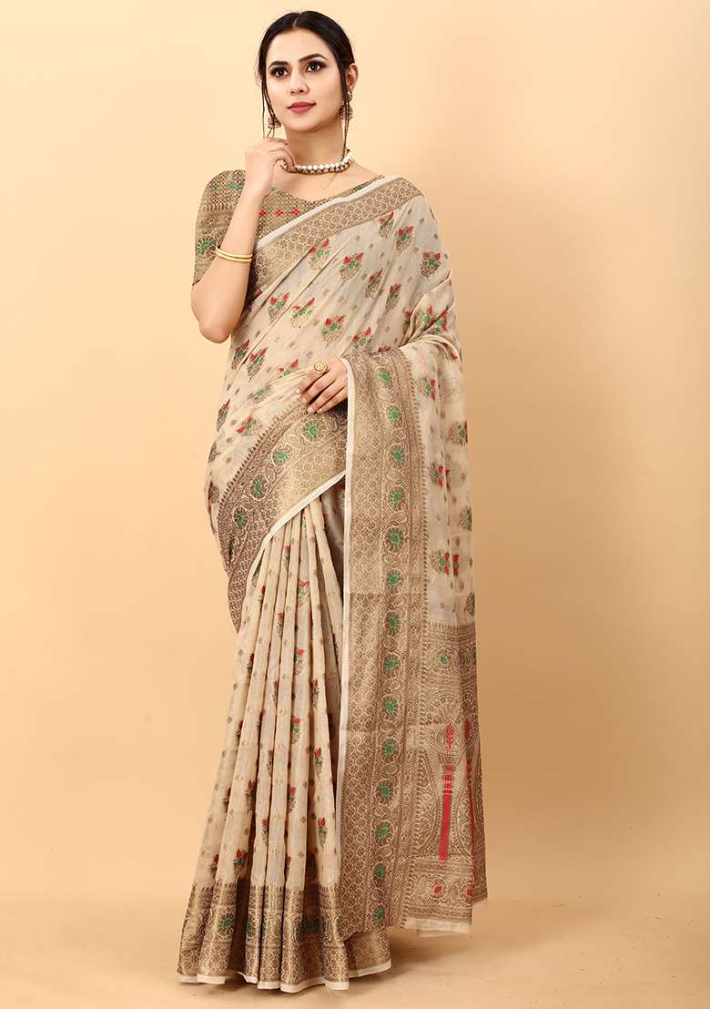 Multi Zari Work Cotton Saree Set for Diwali and Festive Wear - Indya