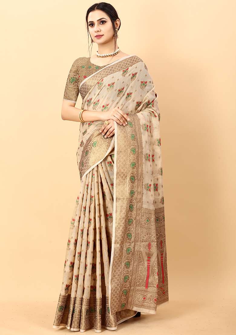 Multi Zari Work Cotton Saree Set for Diwali and Festive Wear - Indya