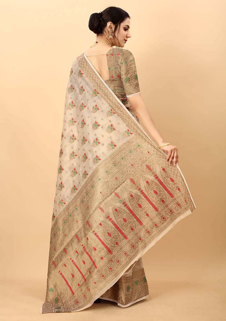Multi Zari Work Cotton Saree Set for Diwali and Festive Wear - Indya