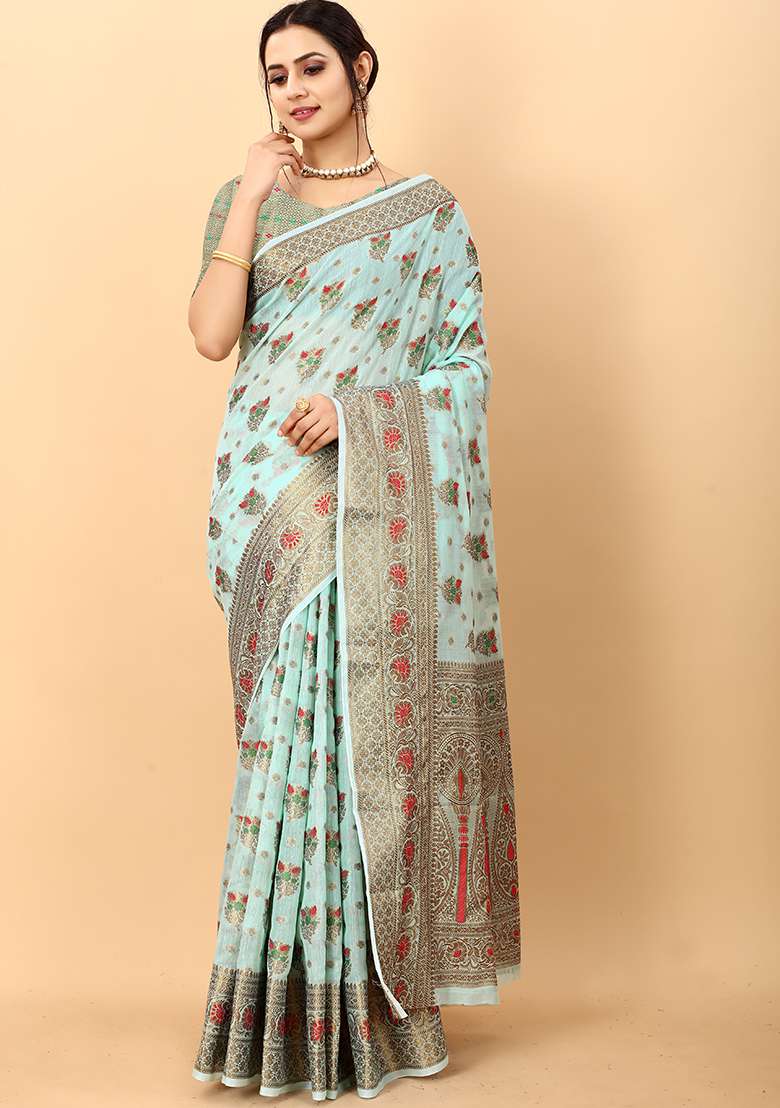 Multi Zari Work Cotton Saree Set for Diwali and Festive Wear - Indya