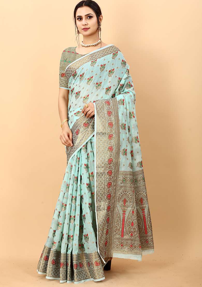 Multi Zari Work Cotton Saree Set for Diwali and Festive Wear - Indya