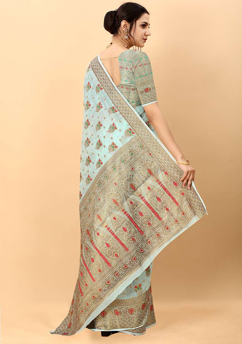 Multi Zari Work Cotton Saree Set for Diwali and Festive Wear - Indya