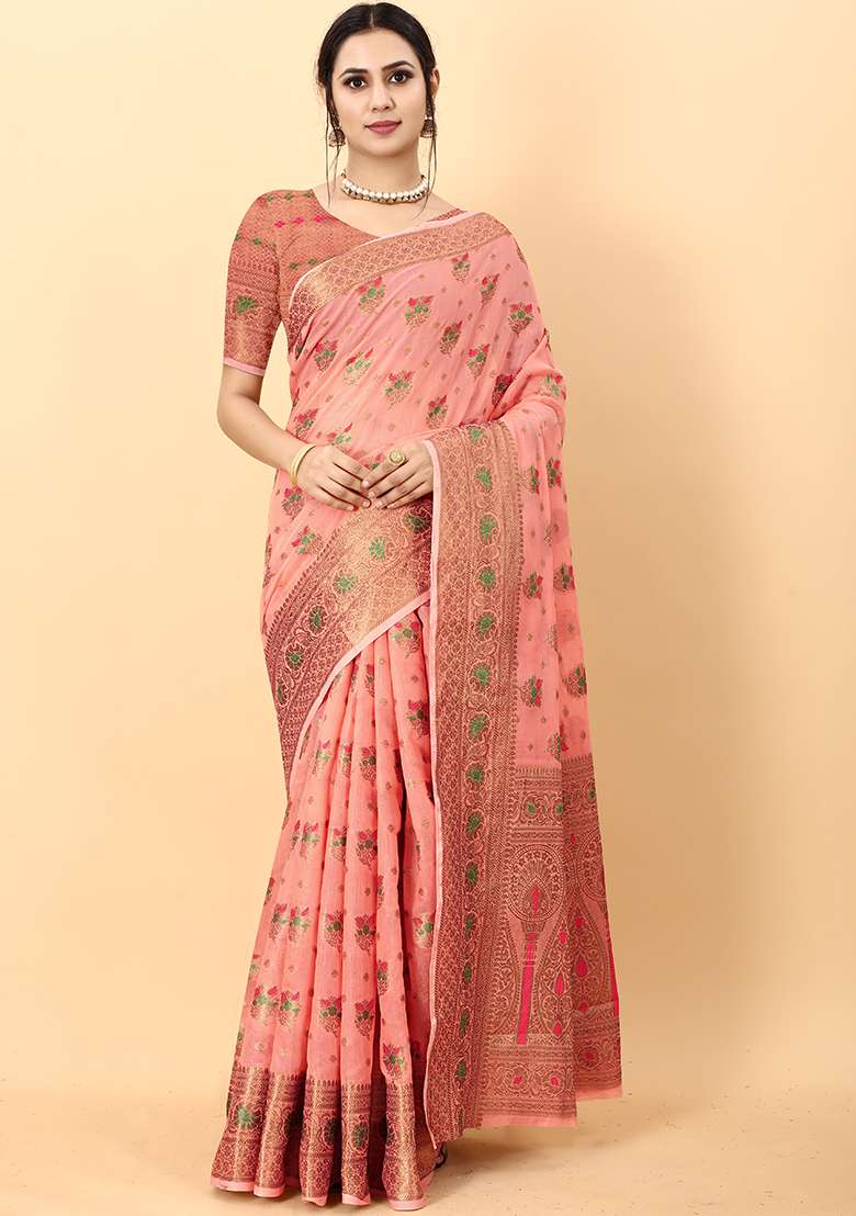 Multi Zari Work Cotton Saree Set for Diwali and Festive Wear - Indya