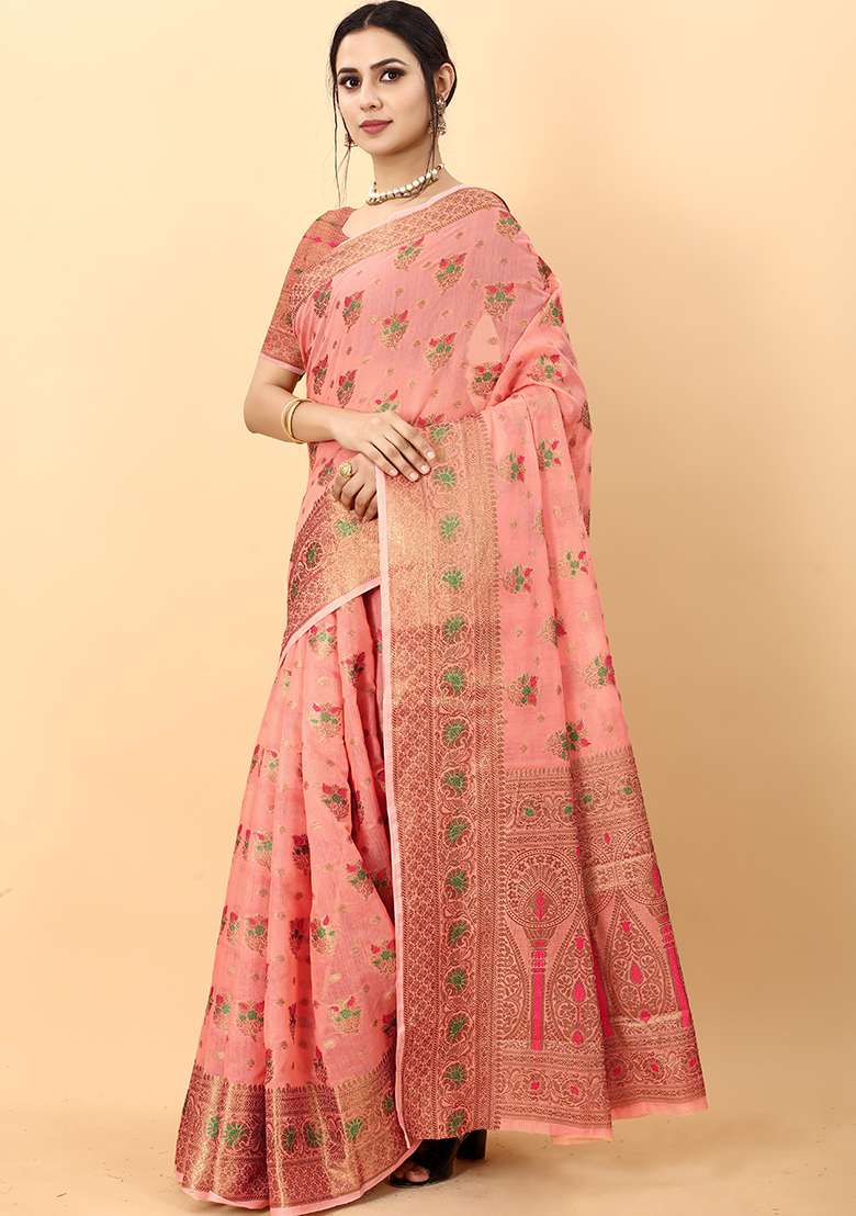 Multi Zari Work Cotton Saree Set for Diwali and Festive Wear - Indya