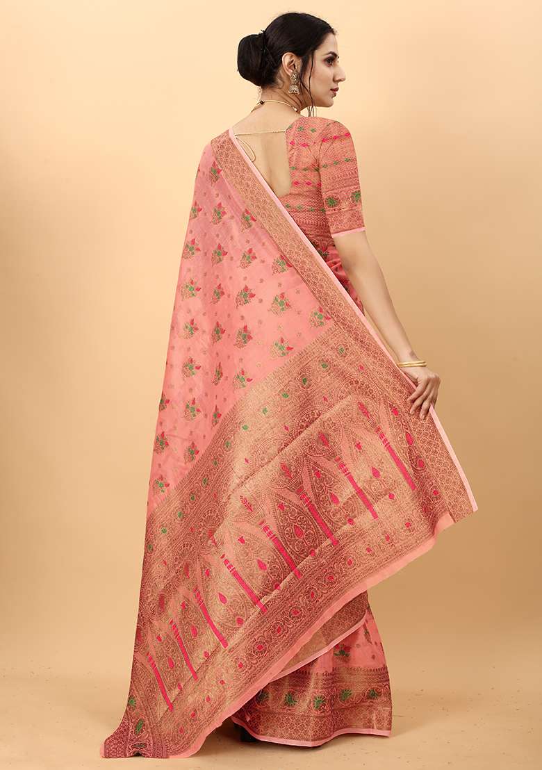 Multi Zari Work Cotton Saree Set for Diwali and Festive Wear - Indya