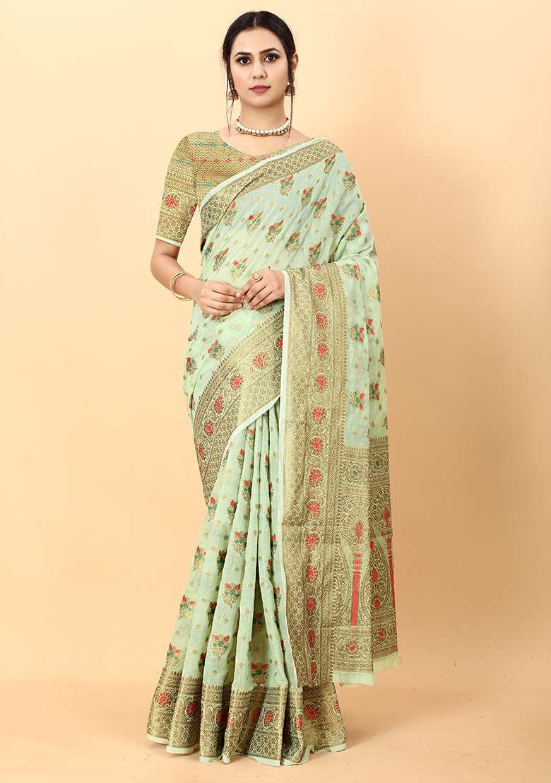 Multi Zari Work Cotton Saree Set for Diwali and Festive Wear - Indya
