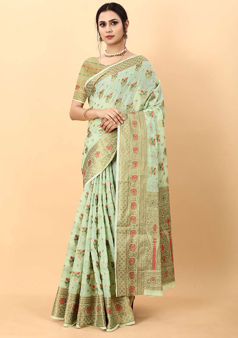 Multi Zari Work Cotton Saree Set for Diwali and Festive Wear - Indya