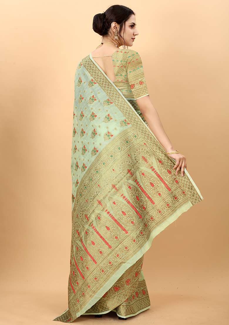 Multi Zari Work Cotton Saree Set for Diwali and Festive Wear - Indya