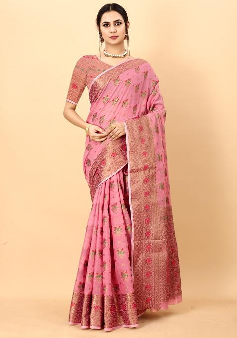 Multi Zari Work Cotton Saree Set