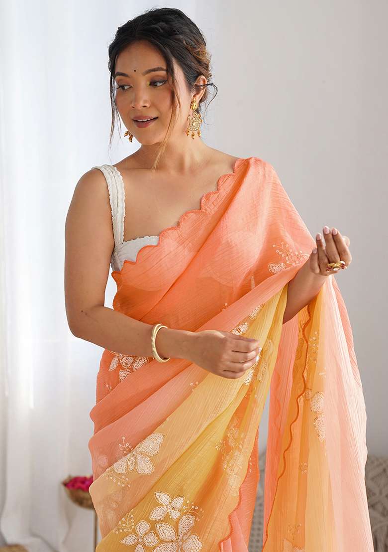 Orange Yellow Silk Blend Saree Set with Embroidery for Diwali | Wedding & Festive Wear - Indya
