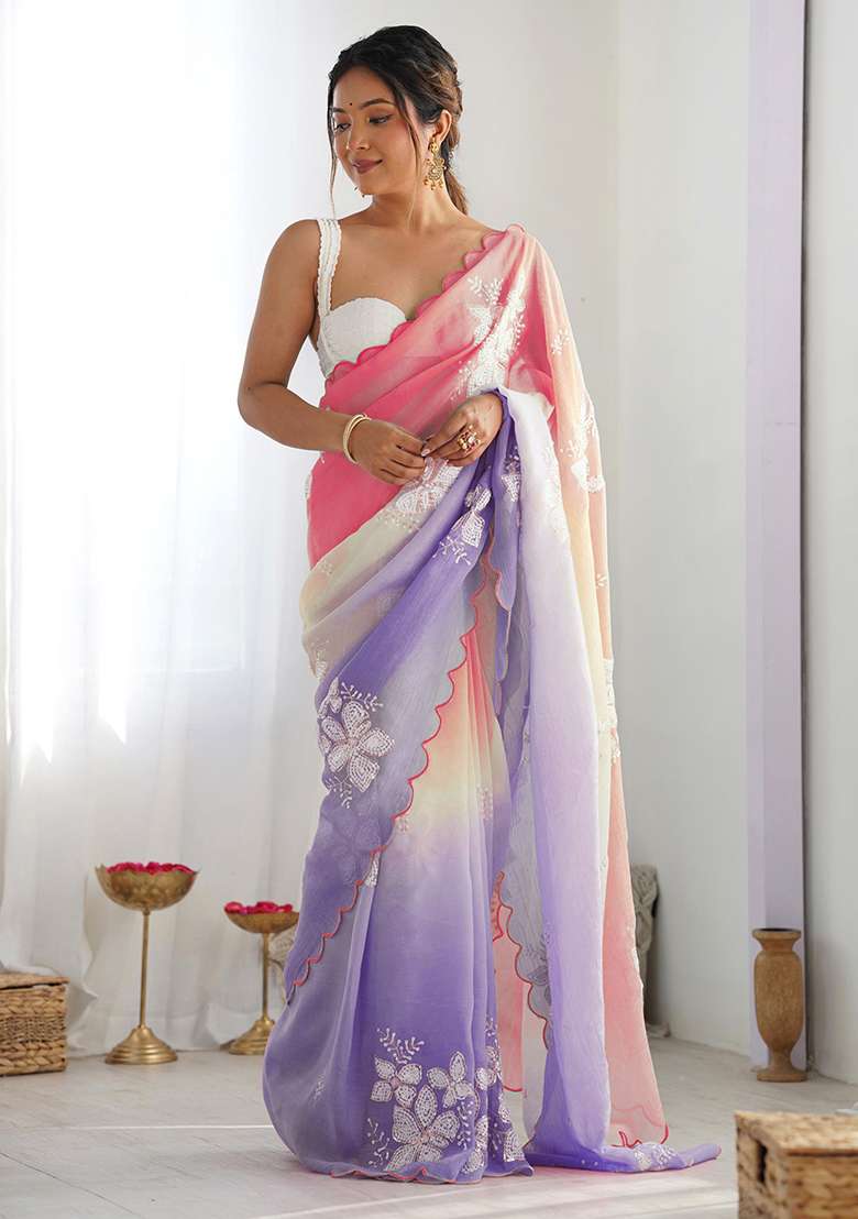 Peach Lavender Embroidery Silk Blend Saree Set for Diwali and Festive Wear - Indya