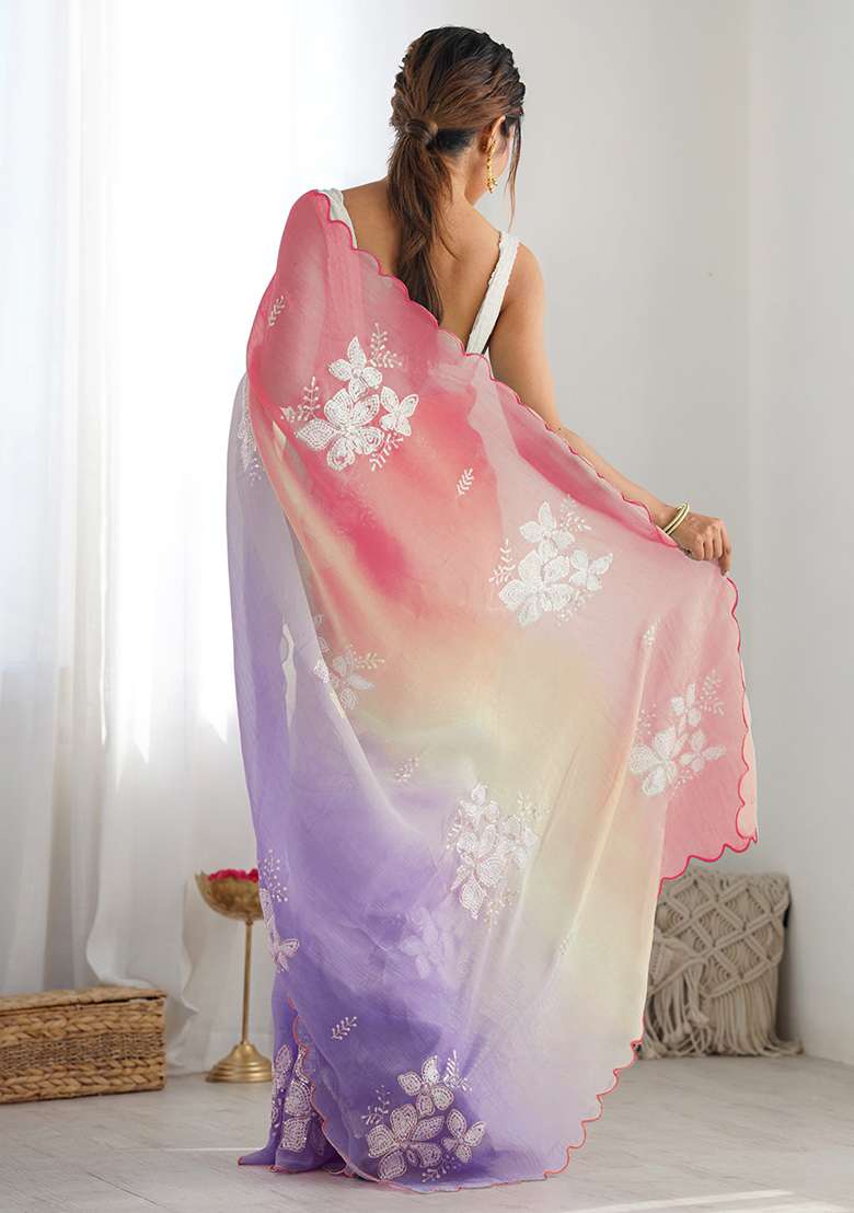 Peach Lavender Embroidery Silk Blend Saree Set for Diwali and Festive Wear - Indya