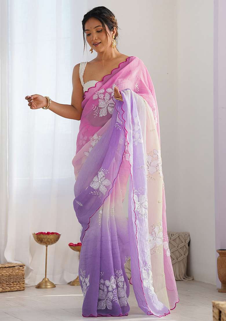 Pink Lavender Embroidery Silk Blend Saree Set for Diwali and Festive Wear - Indya
