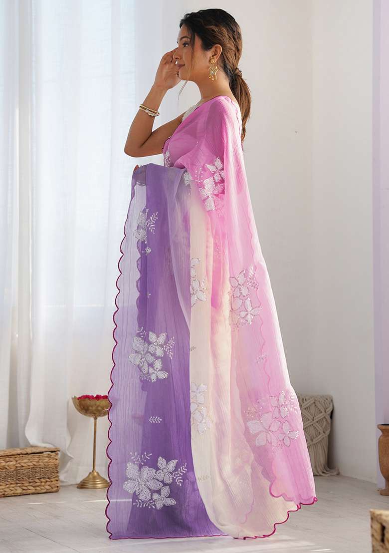 Pink Lavender Embroidery Silk Blend Saree Set for Diwali and Festive Wear - Indya