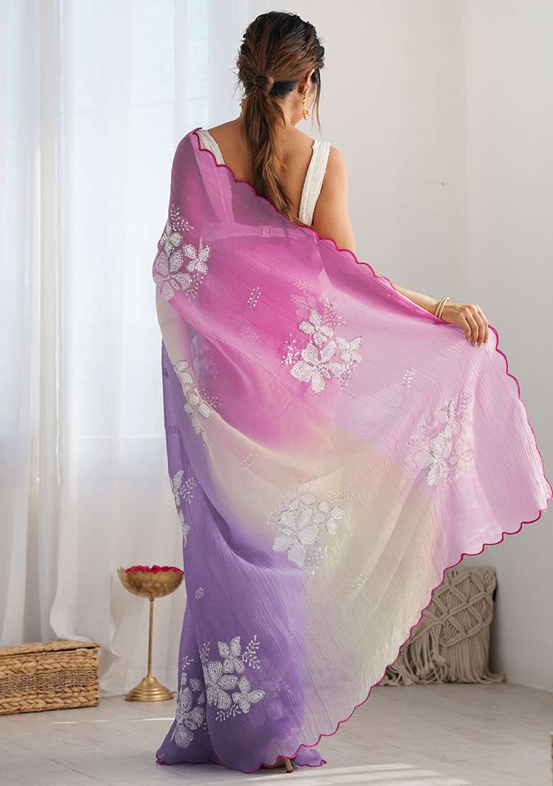 Pink Lavender Embroidery Silk Blend Saree Set for Diwali and Festive Wear - Indya