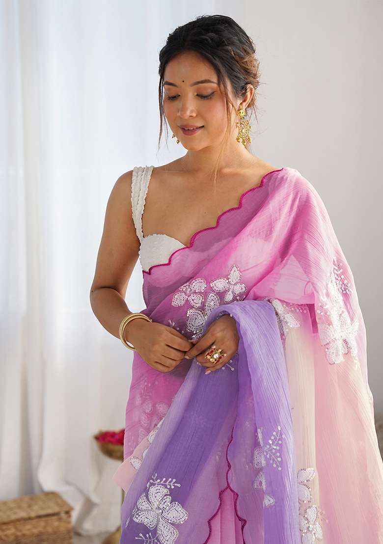 Pink Lavender Embroidery Silk Blend Saree Set for Diwali and Festive Wear - Indya