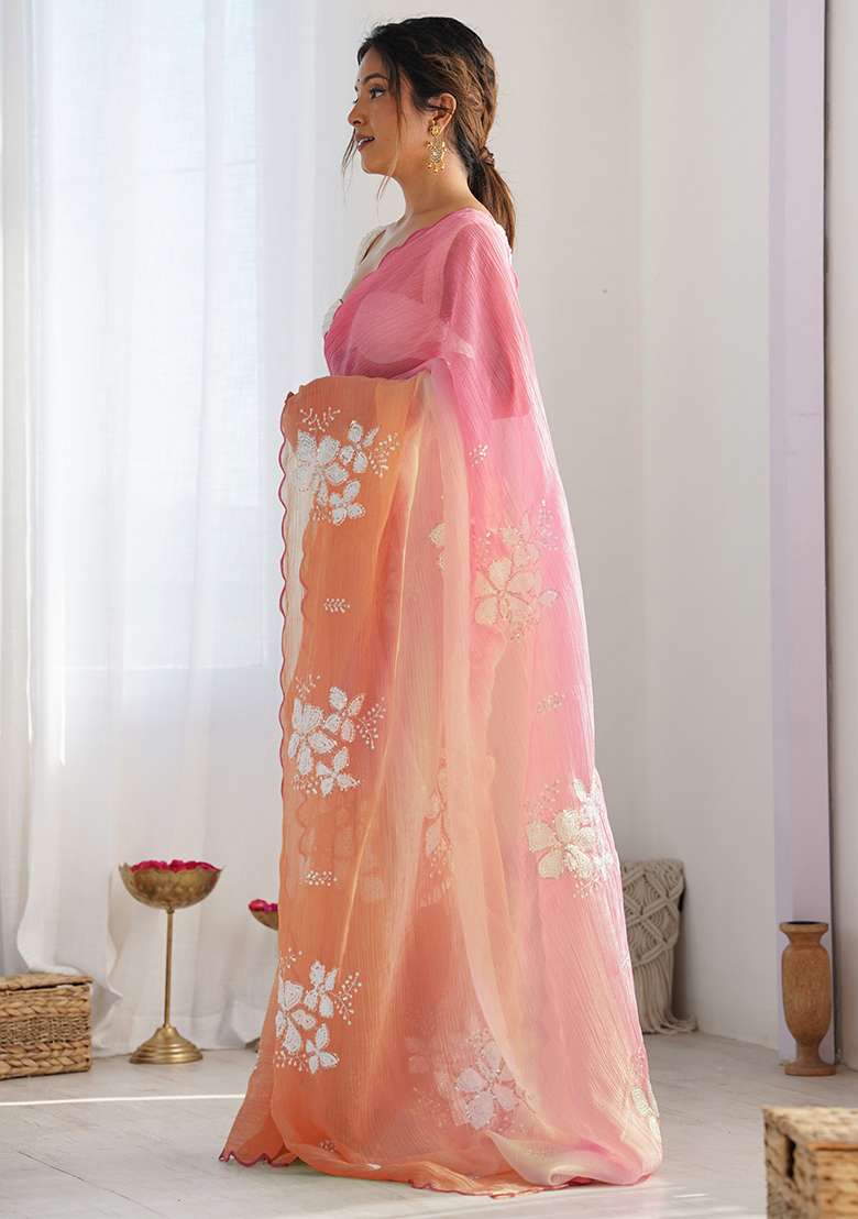 Pink Orange Silk Blend Saree Set with Embroidery for Diwali | Wedding & Festive Wear - Indya