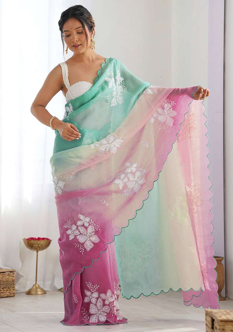 Rama Silk Blend Saree Set with Embroidery for Diwali | Wedding & Festive Wear - Indya