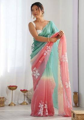 Rama Peach Embroidery Silk Saree Set