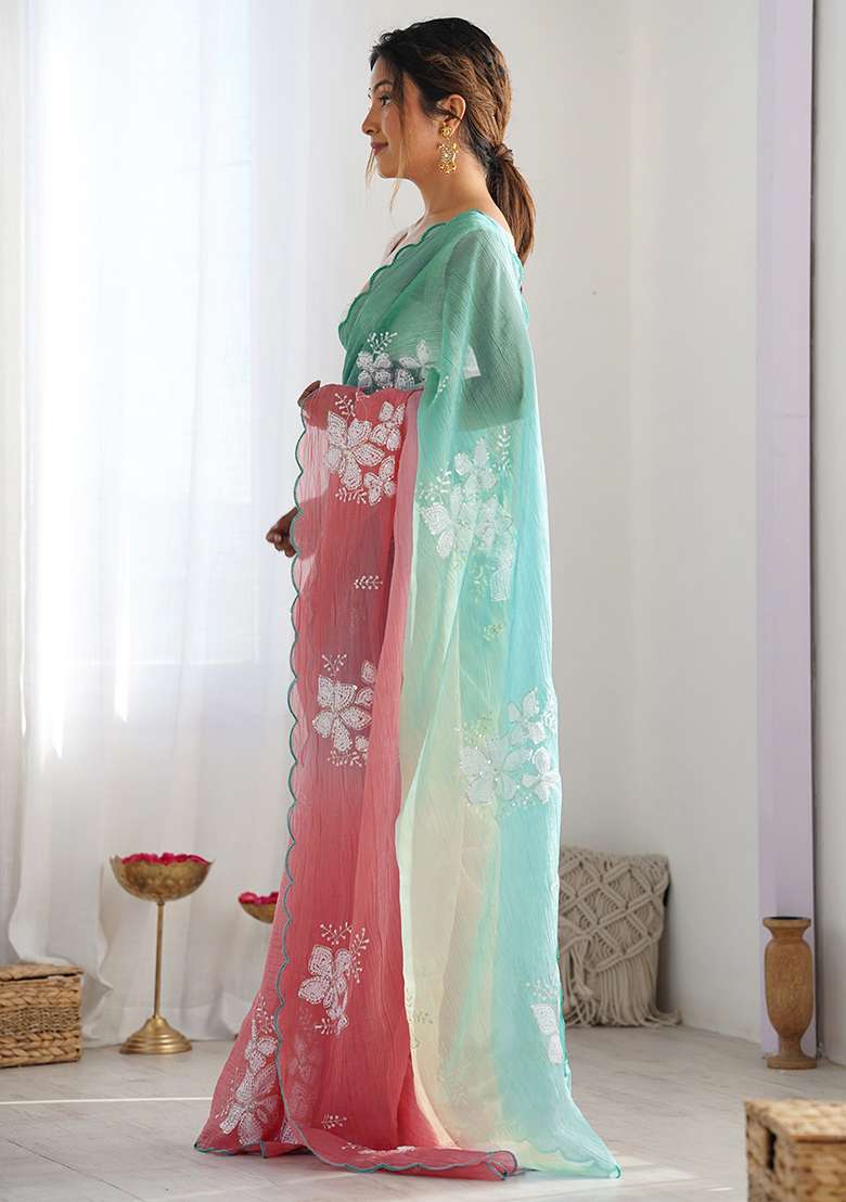 Rama Peach Embroidery Silk Blend Saree Set for Diwali and Festive Wear - Indya
