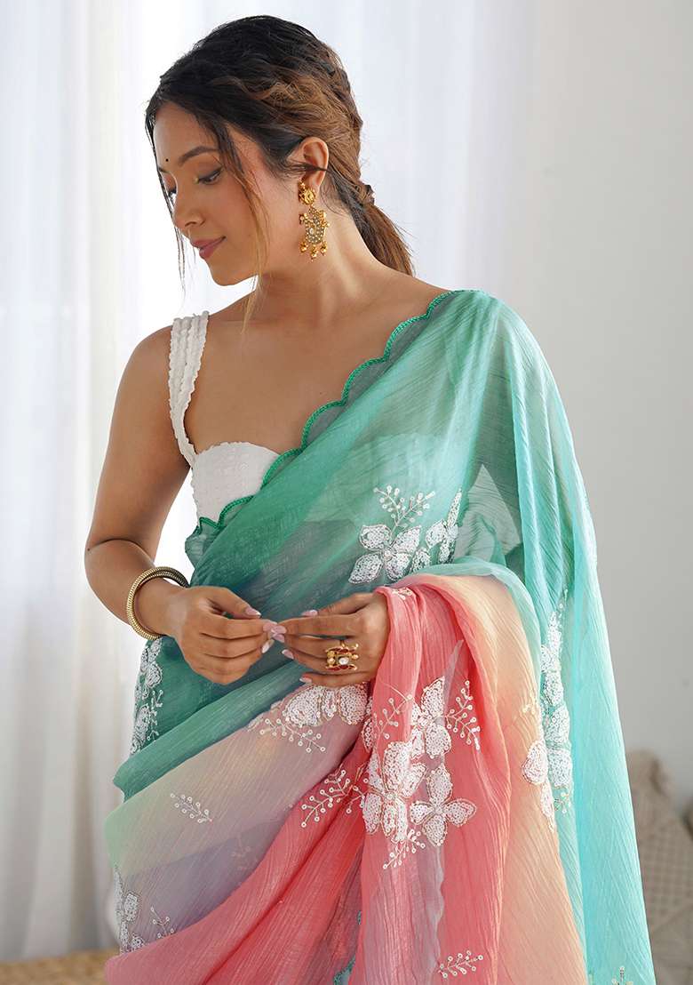 Rama Peach Embroidery Silk Blend Saree Set for Diwali and Festive Wear - Indya