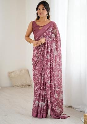 Blue Printed Satin Saree Set