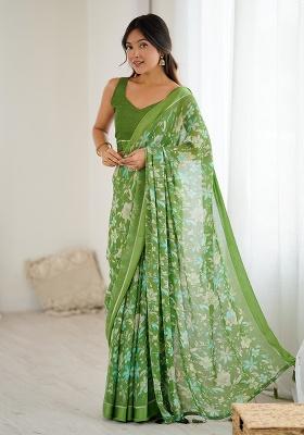Green Printed Satin Saree Set