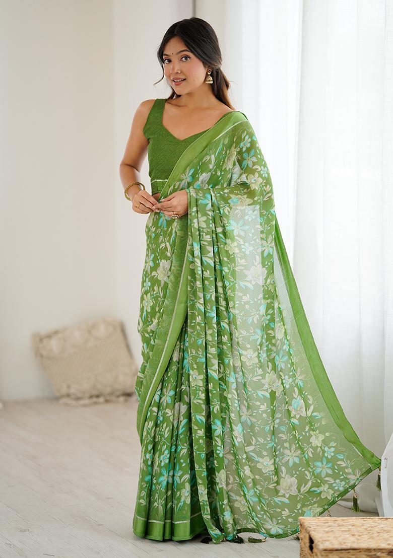 Green Printed Satin Saree Set