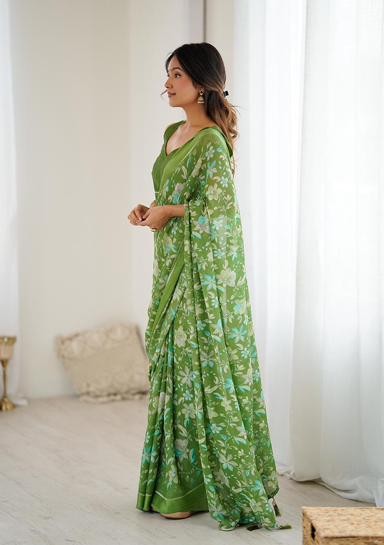 Green Printed Satin Saree Set