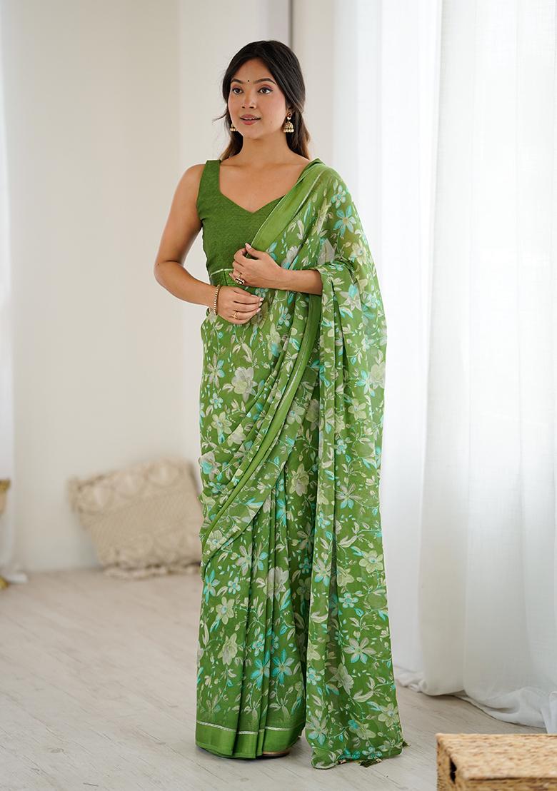 Green Printed Satin Saree Set