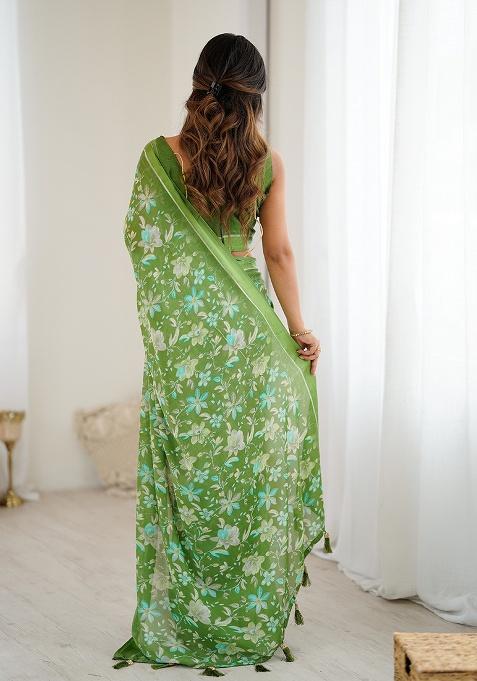 Green Printed Satin Saree Set
