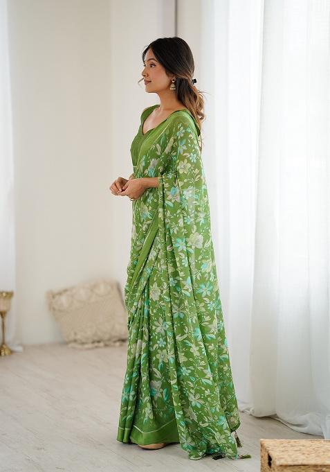 Green Printed Satin Saree Set