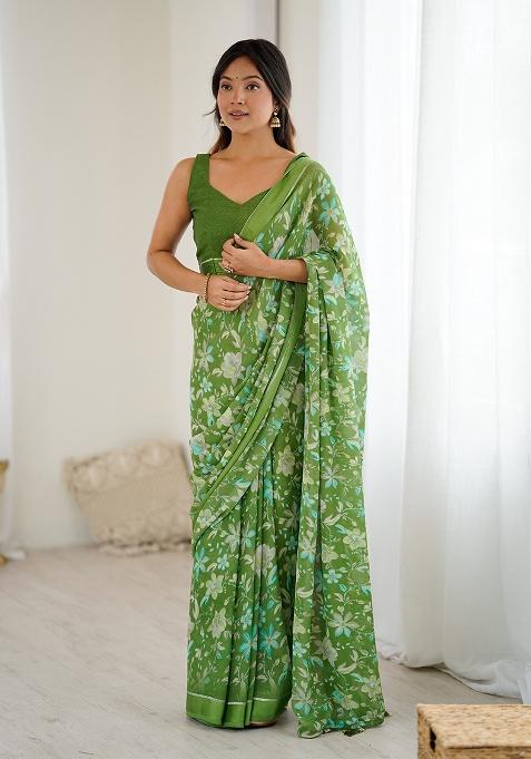 Green Printed Satin Saree Set