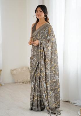 Grey Printed Satin Saree Set